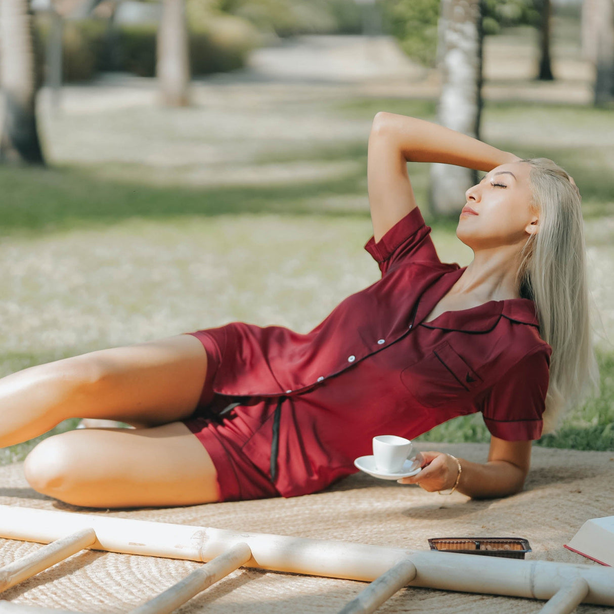 Indulge in Luxury: Dark Claret Silk Satin Pyjama Set - Breathing Soul