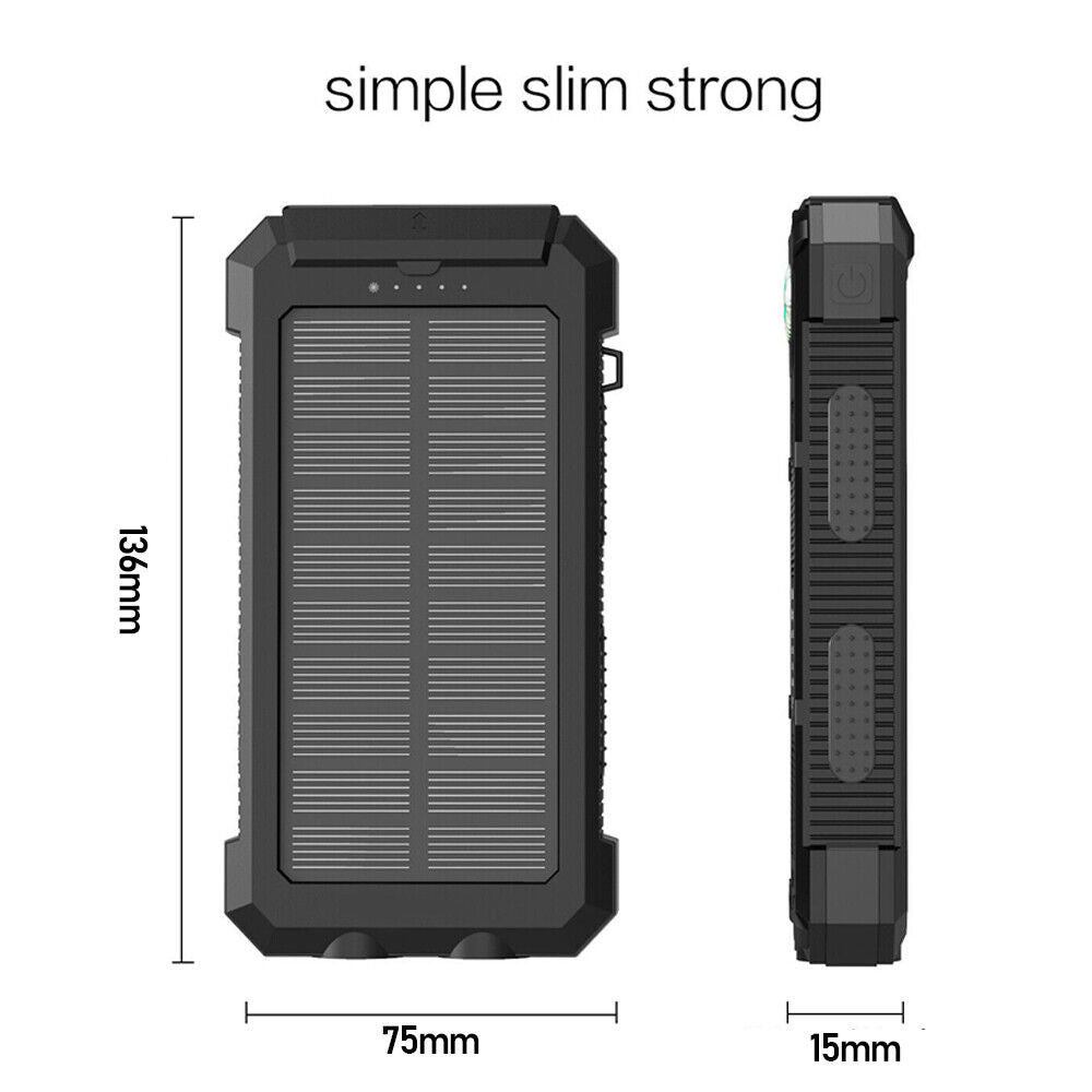 Rugged 20000mAh Solar Power Bank - Waterproof Portable Charger with LED & Dual USB for Outdoor Use