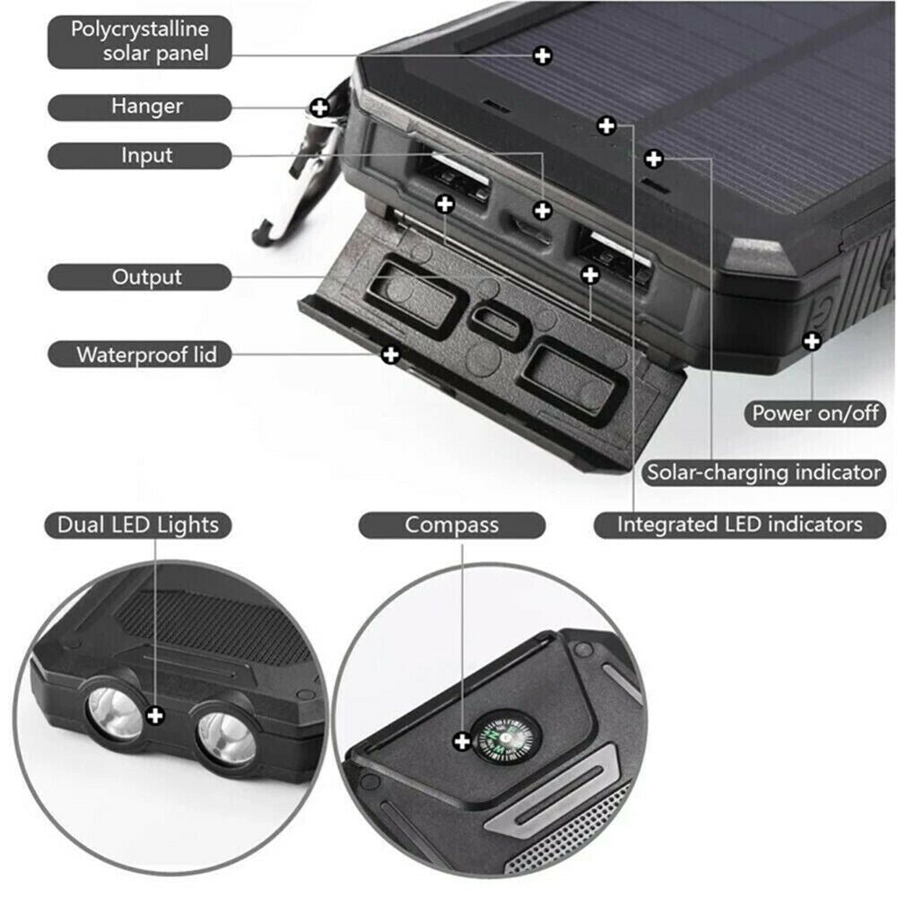 Rugged 20000mAh Solar Power Bank - Waterproof Portable Charger with LED & Dual USB for Outdoor Use