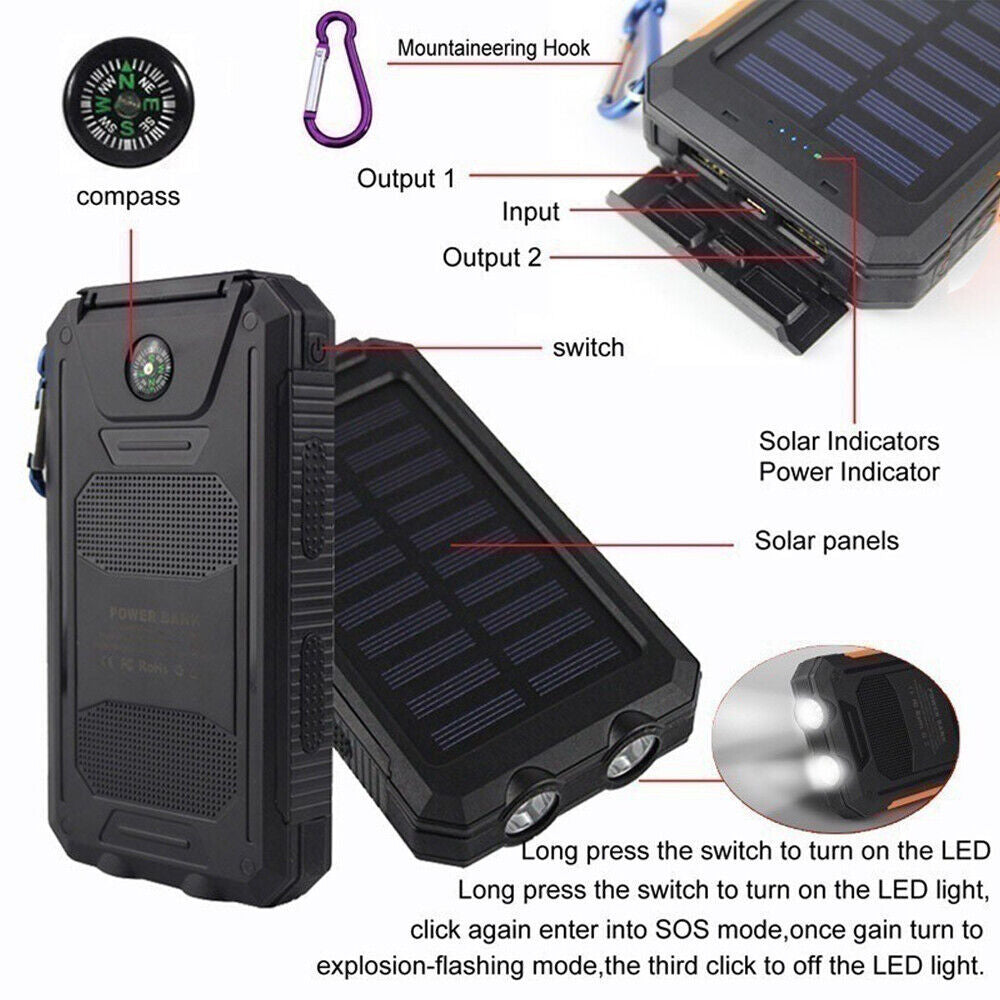 Rugged 20000mAh Solar Power Bank - Waterproof Portable Charger with LED & Dual USB for Outdoor Use
