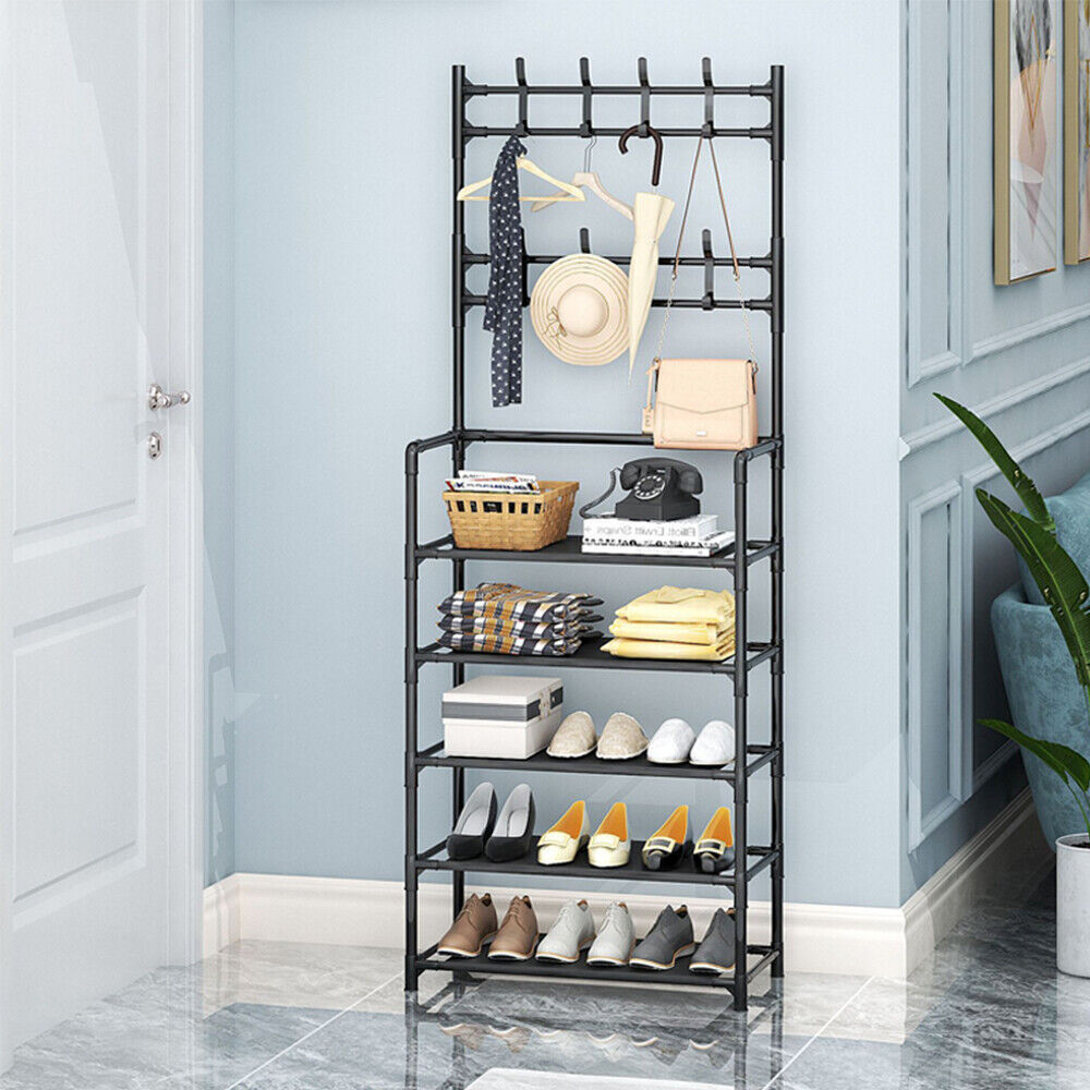 Metal Coat Rack with Shoe Storage - 8 Hooks, 5-Tier Shelf, Modern Hallway Organizer