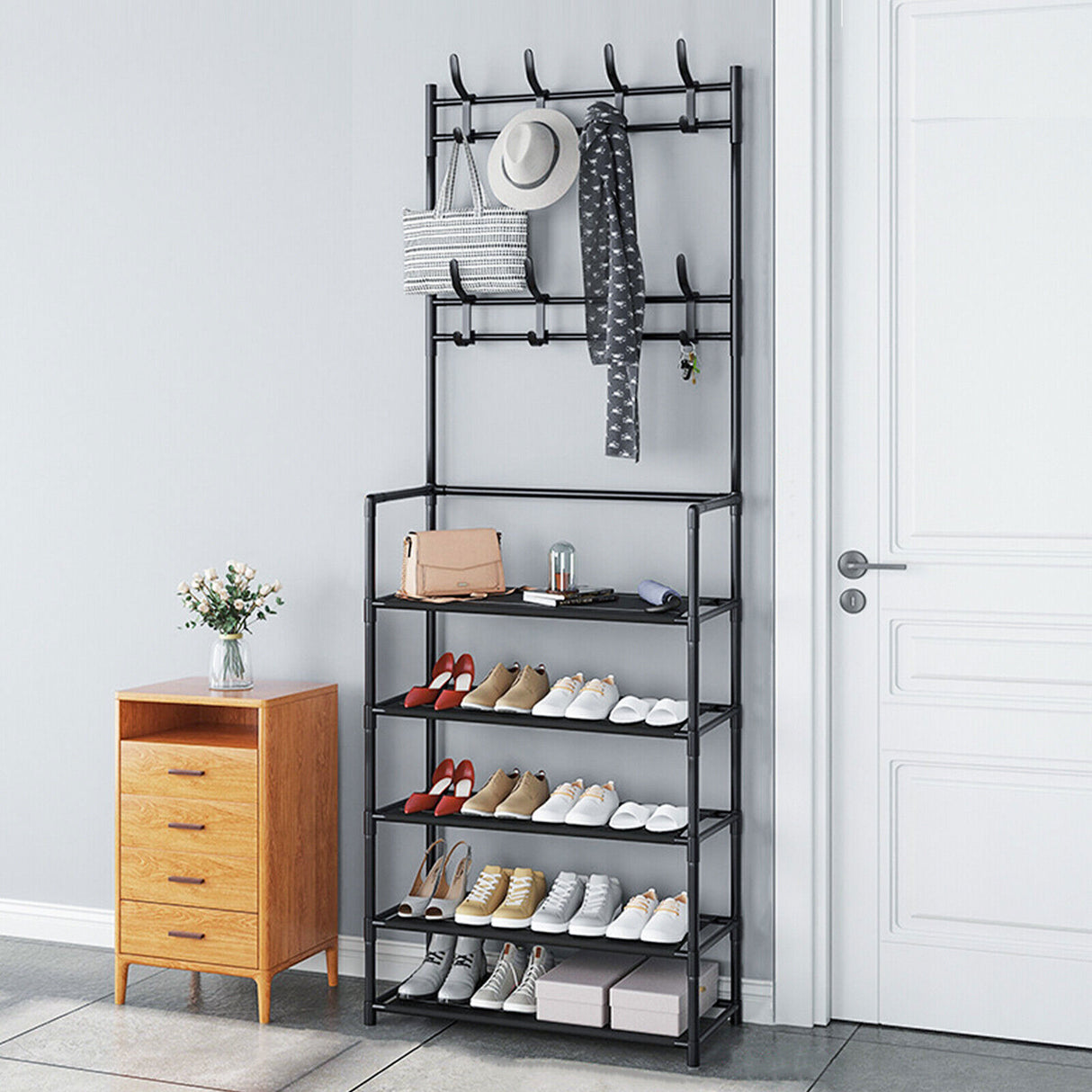 Metal Coat Rack with Shoe Storage - 8 Hooks, 5-Tier Shelf, Modern Hallway Organizer