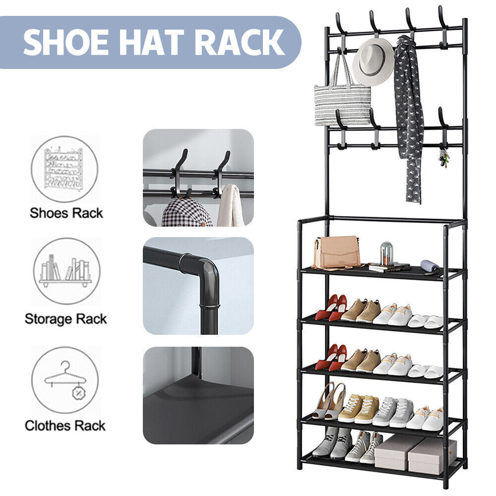Metal Coat Rack with Shoe Storage - 8 Hooks, 5-Tier Shelf, Modern Hallway Organizer