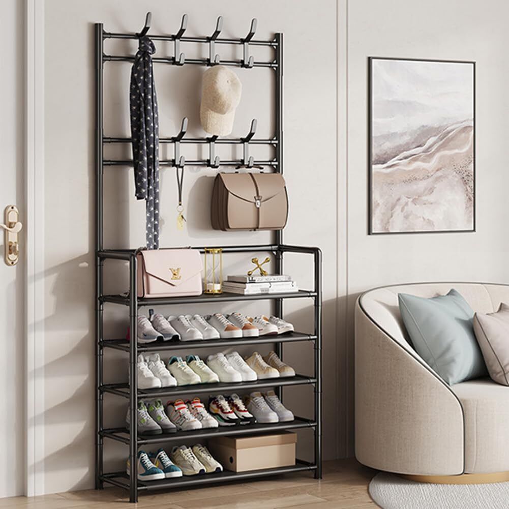 Metal Coat Rack with Shoe Storage - 8 Hooks, 5-Tier Shelf, Modern Hallway Organizer