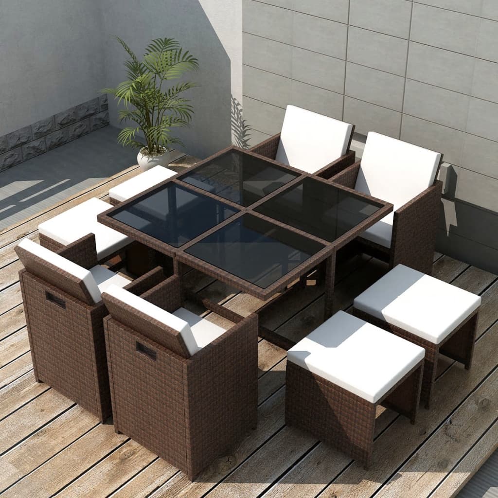 9 Piece Outdoor Dining Set With Cushions Poly Rattan