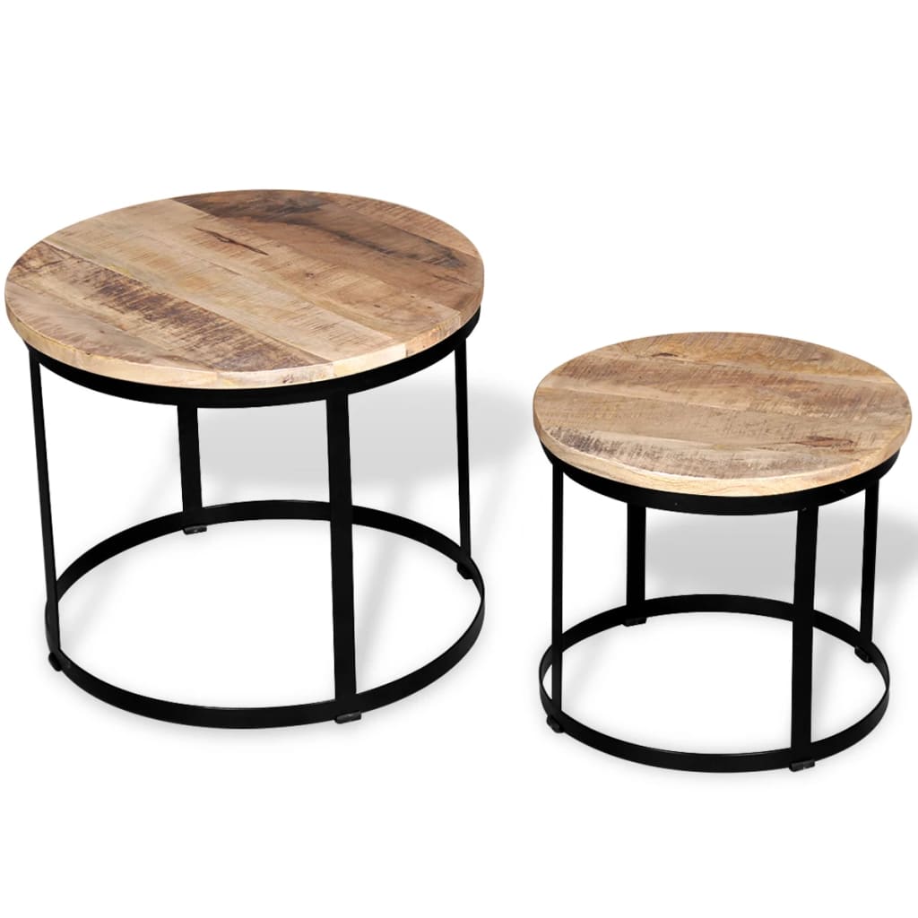 Two Piece Coffee Table Set Rough Mango Wood Round 40 Cm/50 Cm