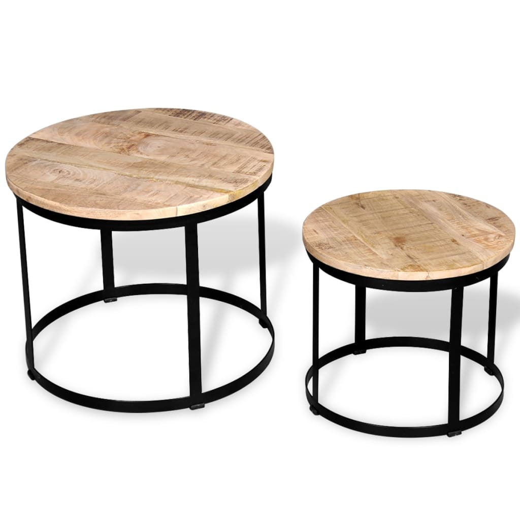 Two Piece Coffee Table Set Rough Mango Wood Round 40 Cm/50 Cm