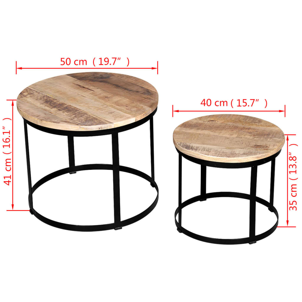 Two Piece Coffee Table Set Rough Mango Wood Round 40 Cm/50 Cm
