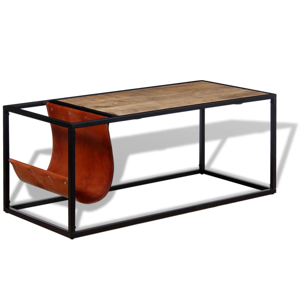 Coffee Table With Genuine Leather Magazine Holder 110X50X45 Cm