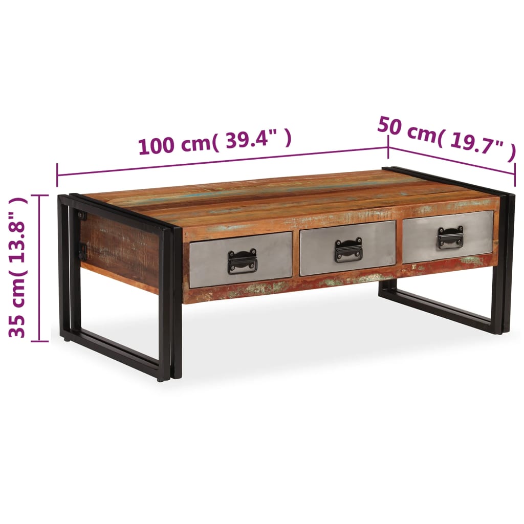 Coffee Table With 3 Drawers Solid Reclaimed Wood 100X50X35 Cm