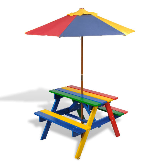 Kids' Picnic Table With Benches And Parasol Wood