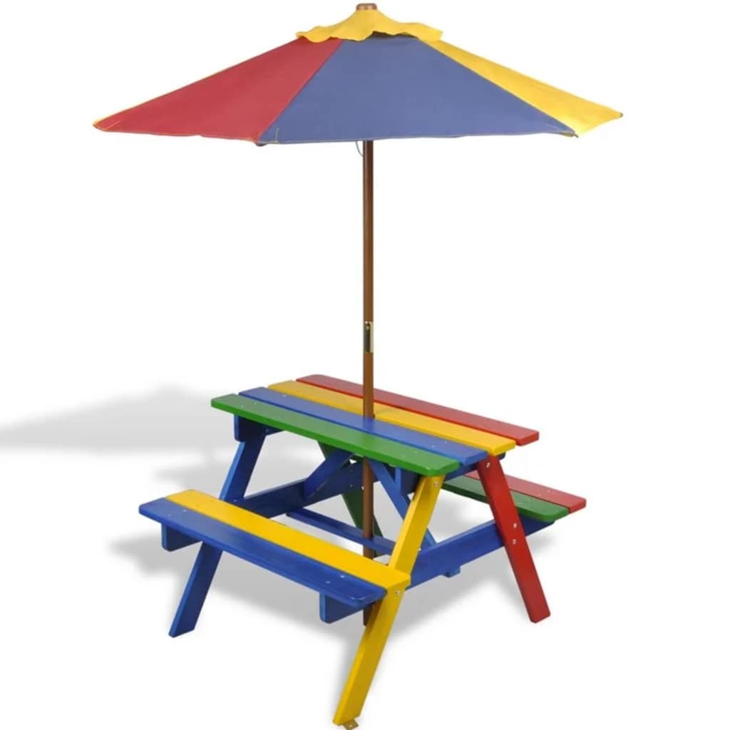 Kids' Picnic Table With Benches And Parasol Wood