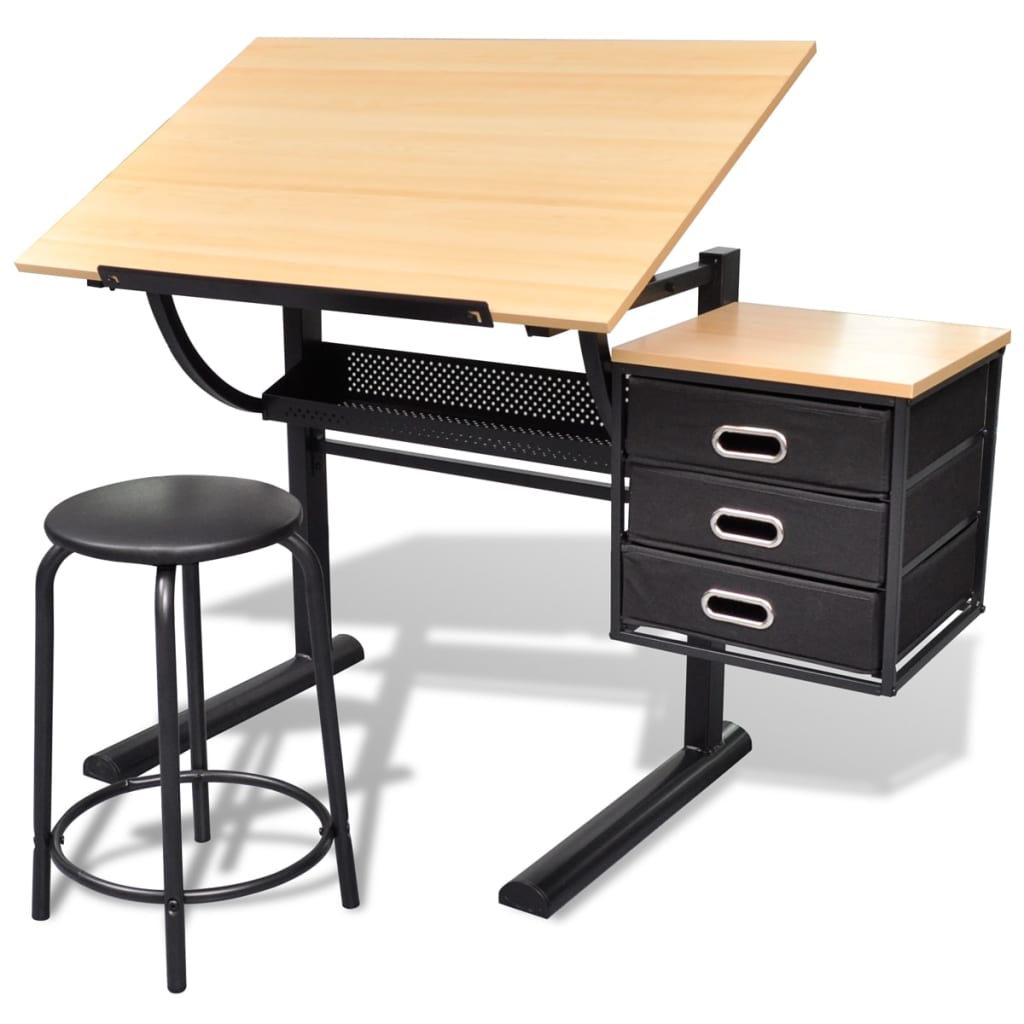 Three Drawers Tiltable Tabletop Drawing Table With Stool