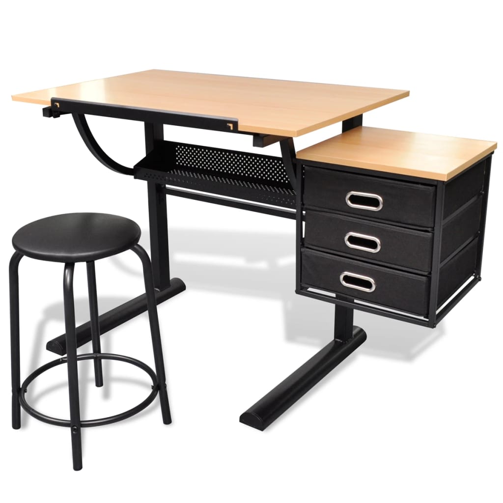 Three Drawers Tiltable Tabletop Drawing Table With Stool