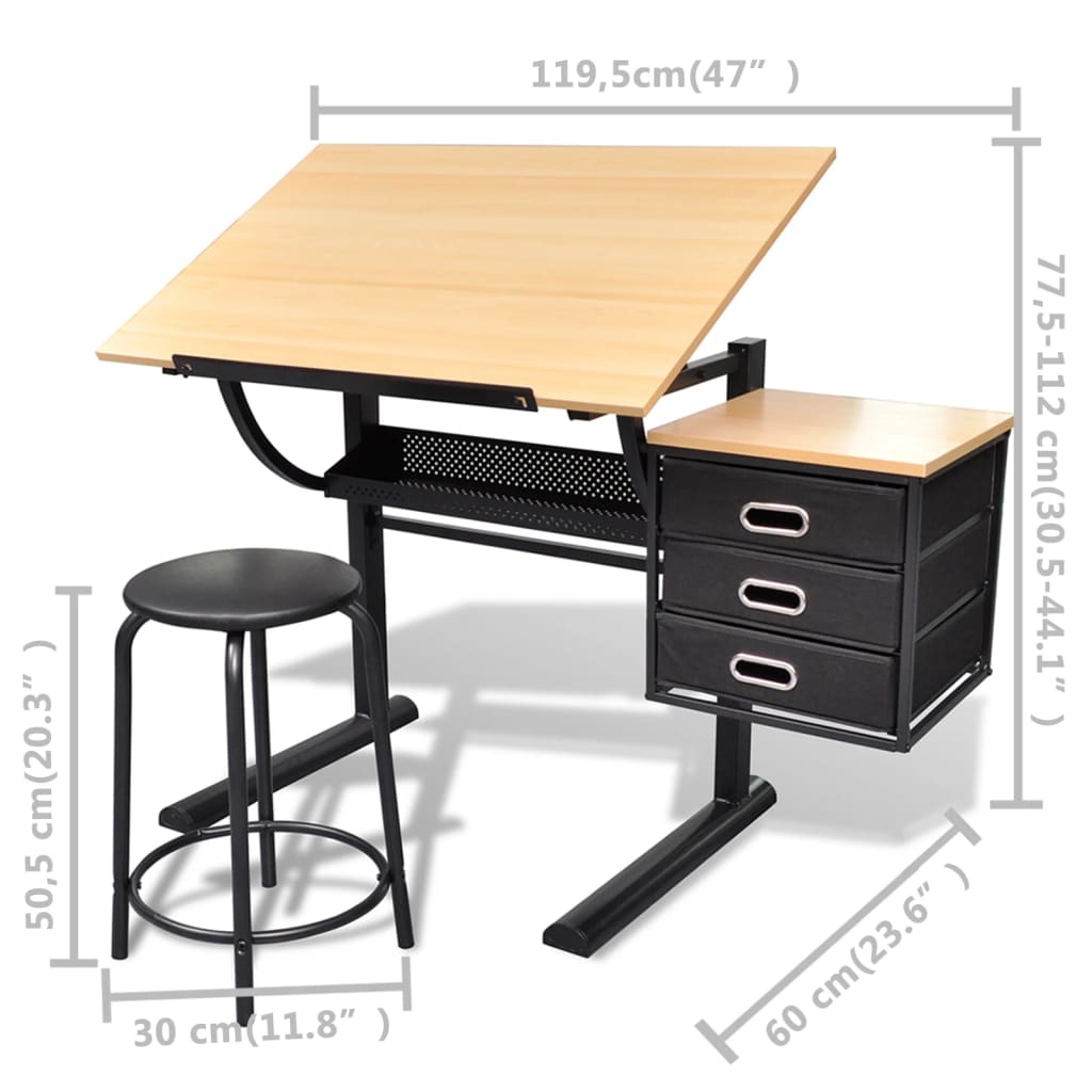 Three Drawers Tiltable Tabletop Drawing Table With Stool