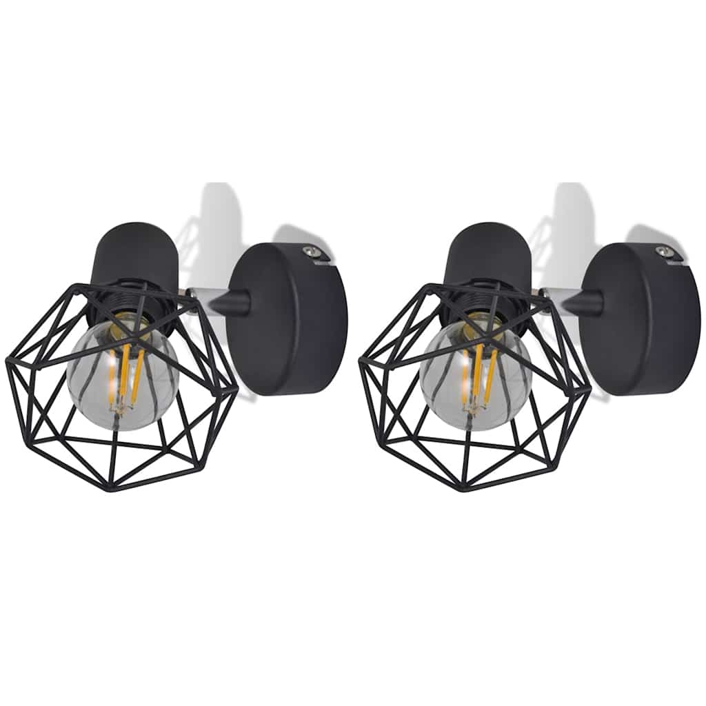 2 Black Industrial Style Wire Frame Wall Sconce With Led Filament Bulb