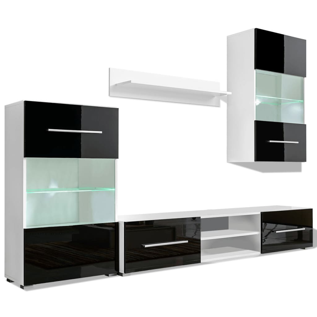 4 Pcs High Gloss Wall Display Cabinet Tv Unit With Led Lighting