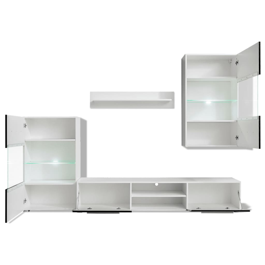 4 Pcs High Gloss Wall Display Cabinet Tv Unit With Led Lighting