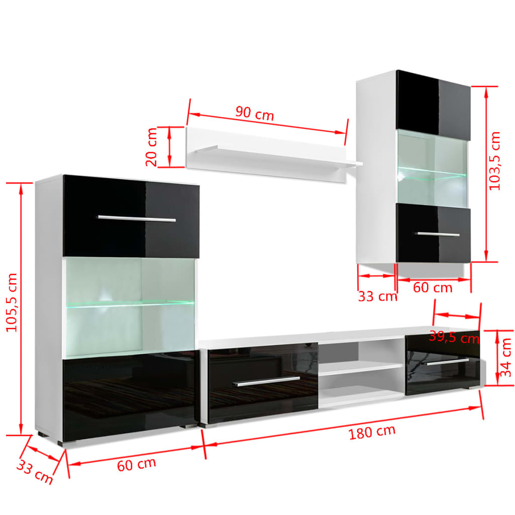 4 Pcs High Gloss Wall Display Cabinet Tv Unit With Led Lighting