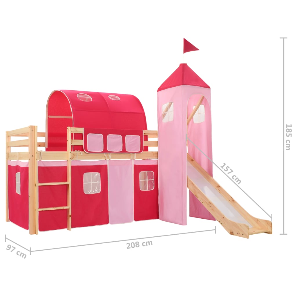 Children's Loft Bed Frame With Slide & Ladder Pinewood 208X230Cm