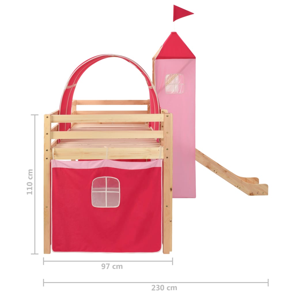 Children's Loft Bed Frame With Slide & Ladder Pinewood 208X230Cm