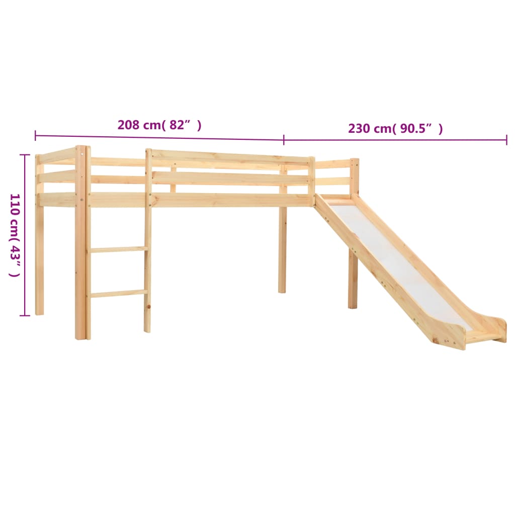 Children's Loft Bed Frame With Slide & Ladder Pinewood 97X208 Cm