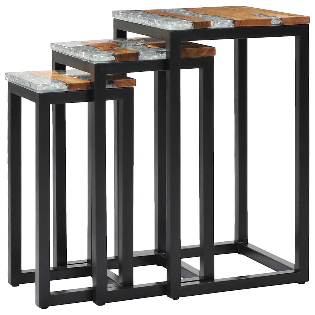 Nesting Tables 3 Pcs Solid Teak Wood And Polyresin