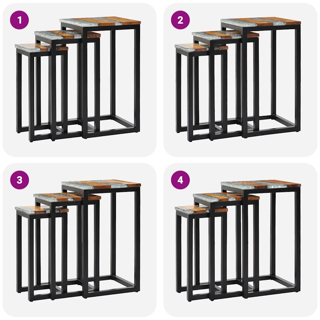 Nesting Tables 3 Pcs Solid Teak Wood And Polyresin