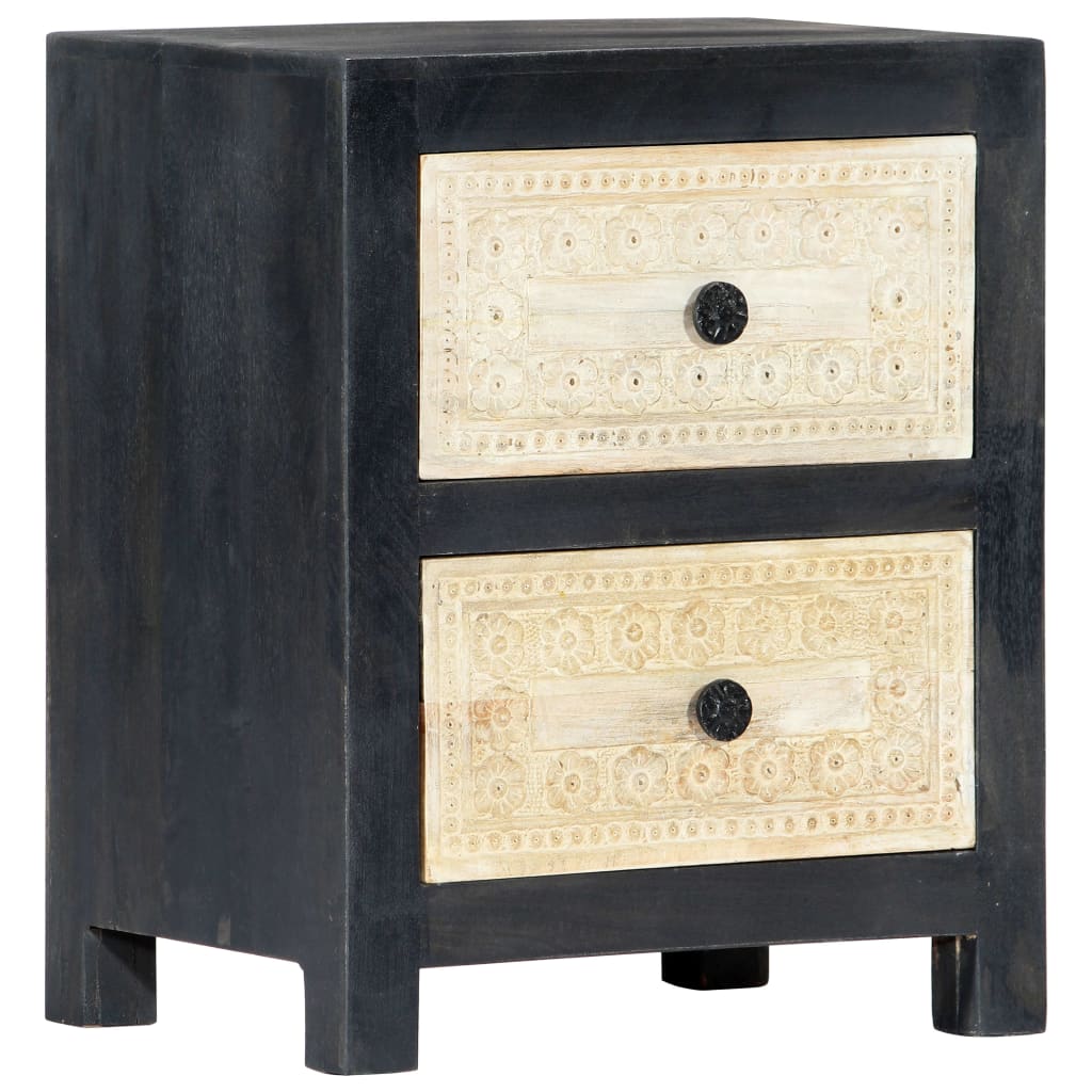 Hand Carved Bedside Cabinet Grey 40X30X50 Cm Solid Mango Wood