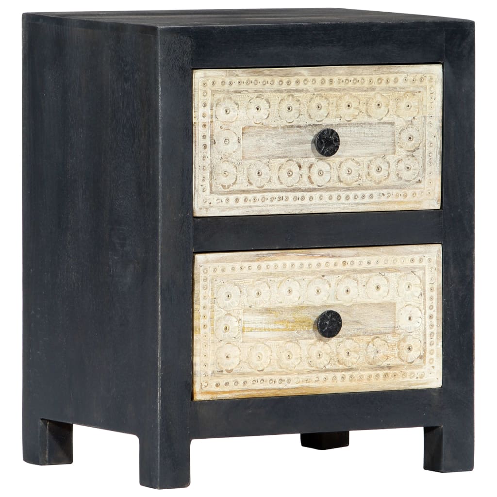Hand Carved Bedside Cabinet Grey 40X30X50 Cm Solid Mango Wood