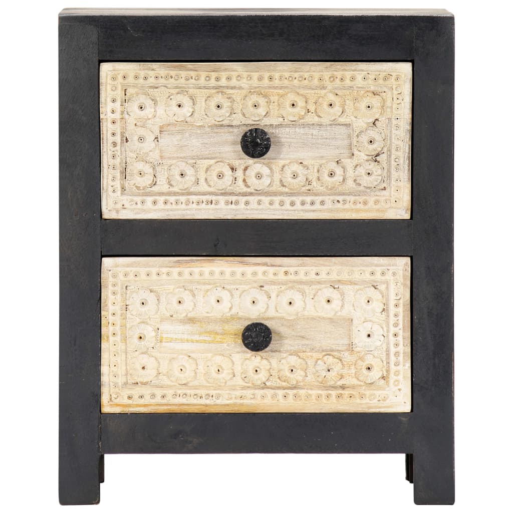 Hand Carved Bedside Cabinet Grey 40X30X50 Cm Solid Mango Wood