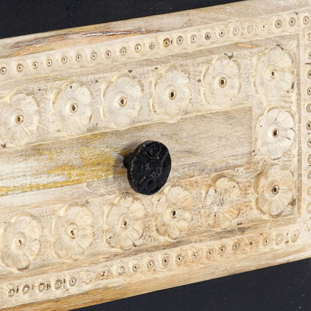 Hand Carved Bedside Cabinet Grey 40X30X50 Cm Solid Mango Wood