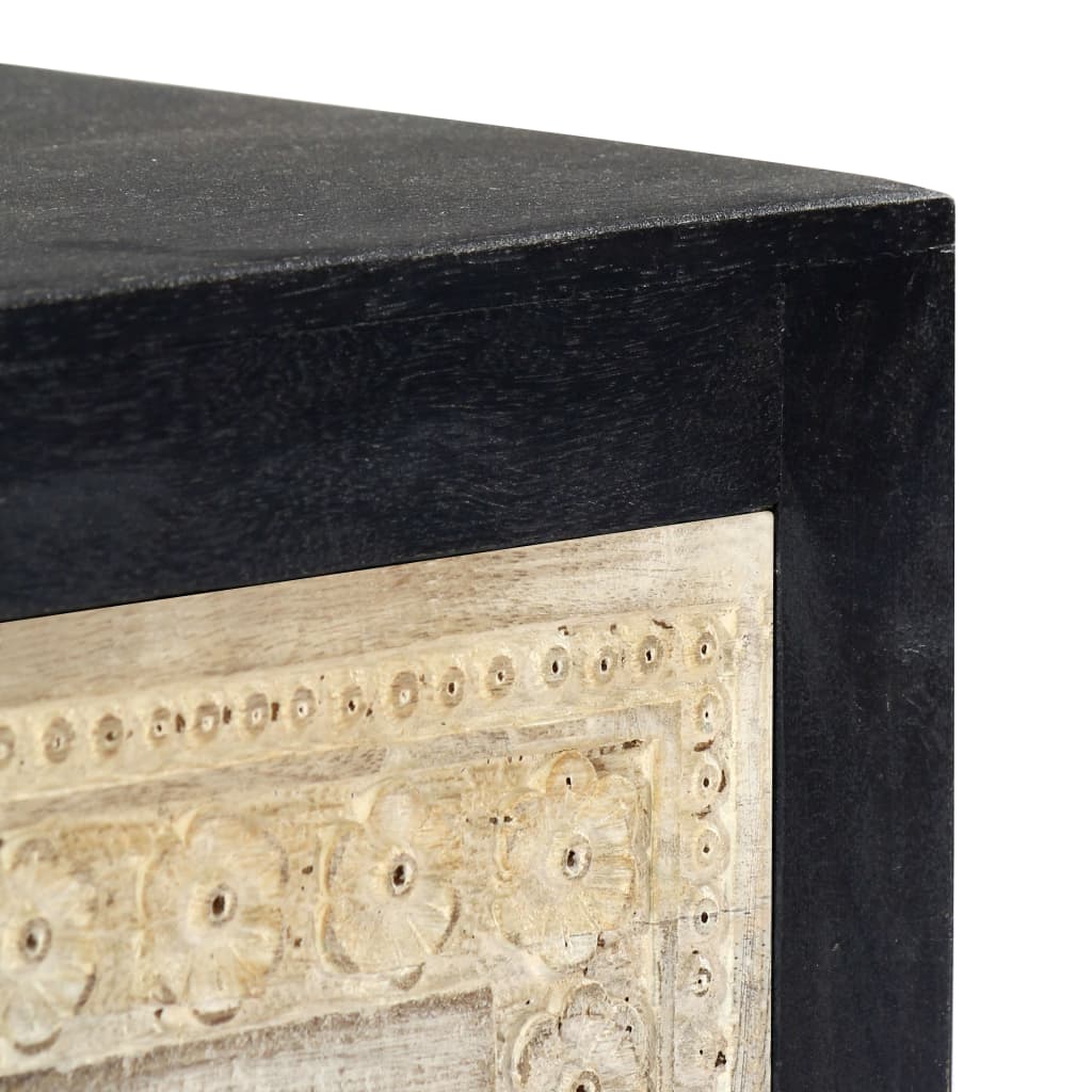 Hand Carved Bedside Cabinet Grey 40X30X50 Cm Solid Mango Wood