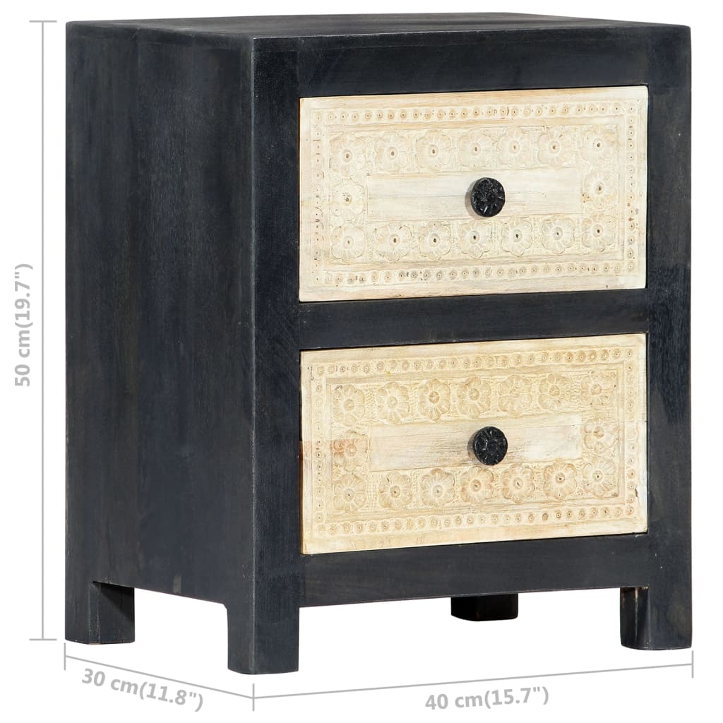Hand Carved Bedside Cabinet Grey 40X30X50 Cm Solid Mango Wood