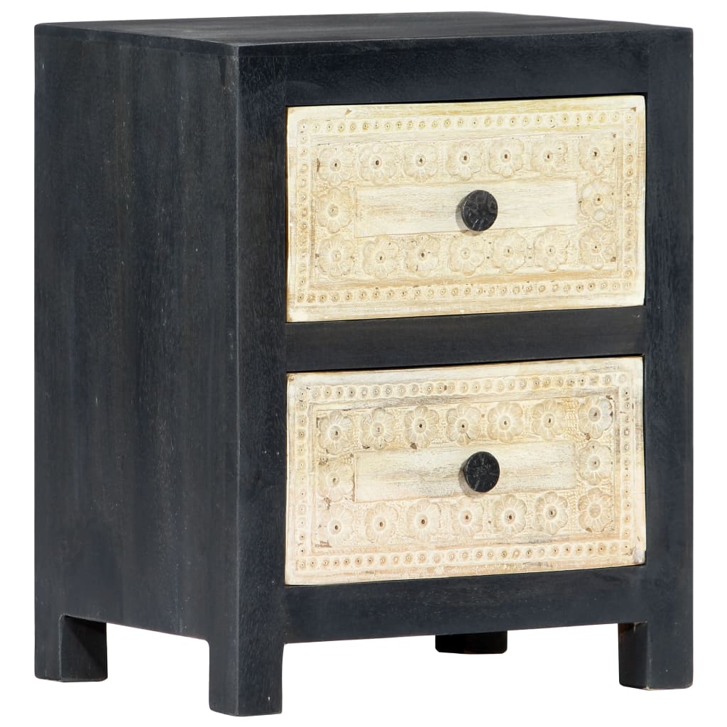 Hand Carved Bedside Cabinet Grey 40X30X50 Cm Solid Mango Wood