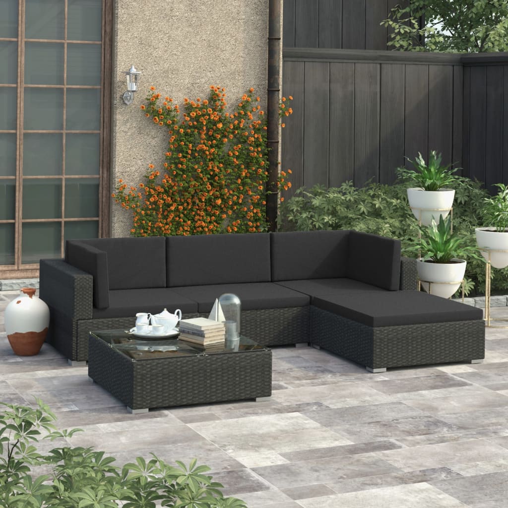 5 Piece Garden Lounge Set With Cushions Poly Rattan Black