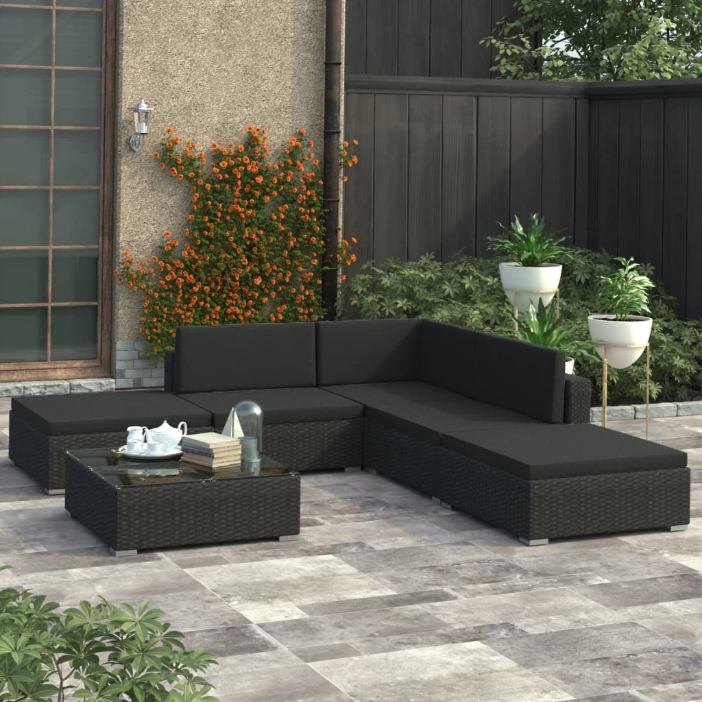 6 Piece Garden Lounge Set With Cushions Poly Rattan Black