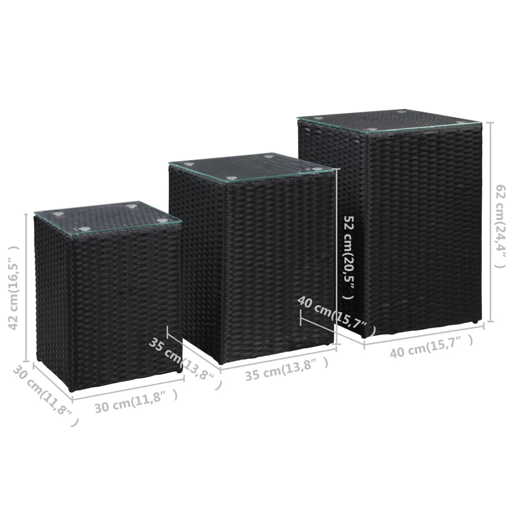 Side Tables 3 Pcs With Glass Top Poly Rattan
