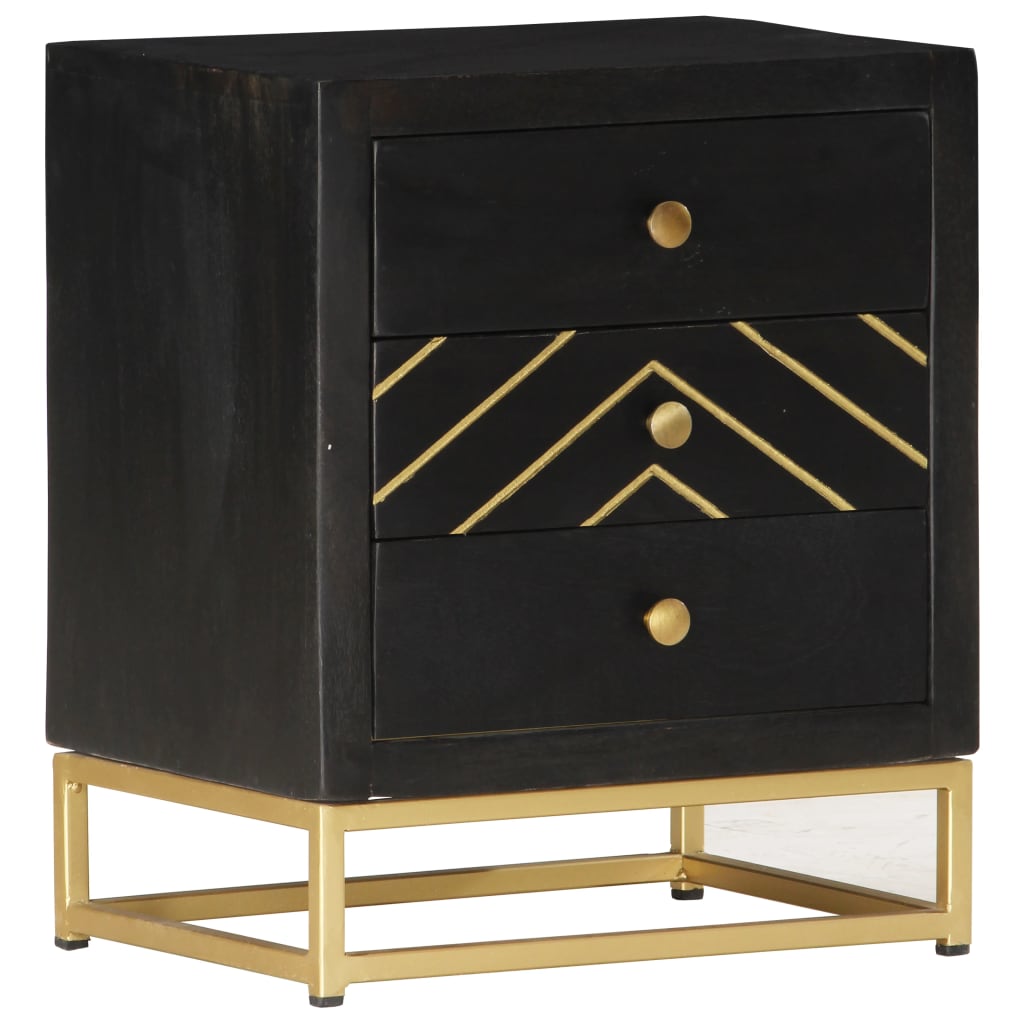 Bedside Cabinet Black And Gold 40X30X50 Cm Solid Mango Wood