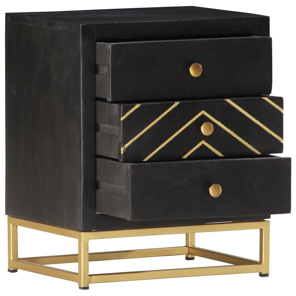 Bedside Cabinet Black And Gold 40X30X50 Cm Solid Mango Wood
