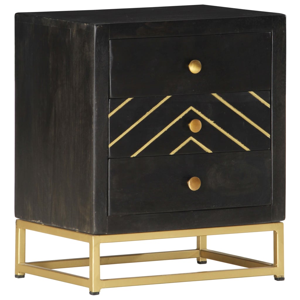 Bedside Cabinet Black And Gold 40X30X50 Cm Solid Mango Wood