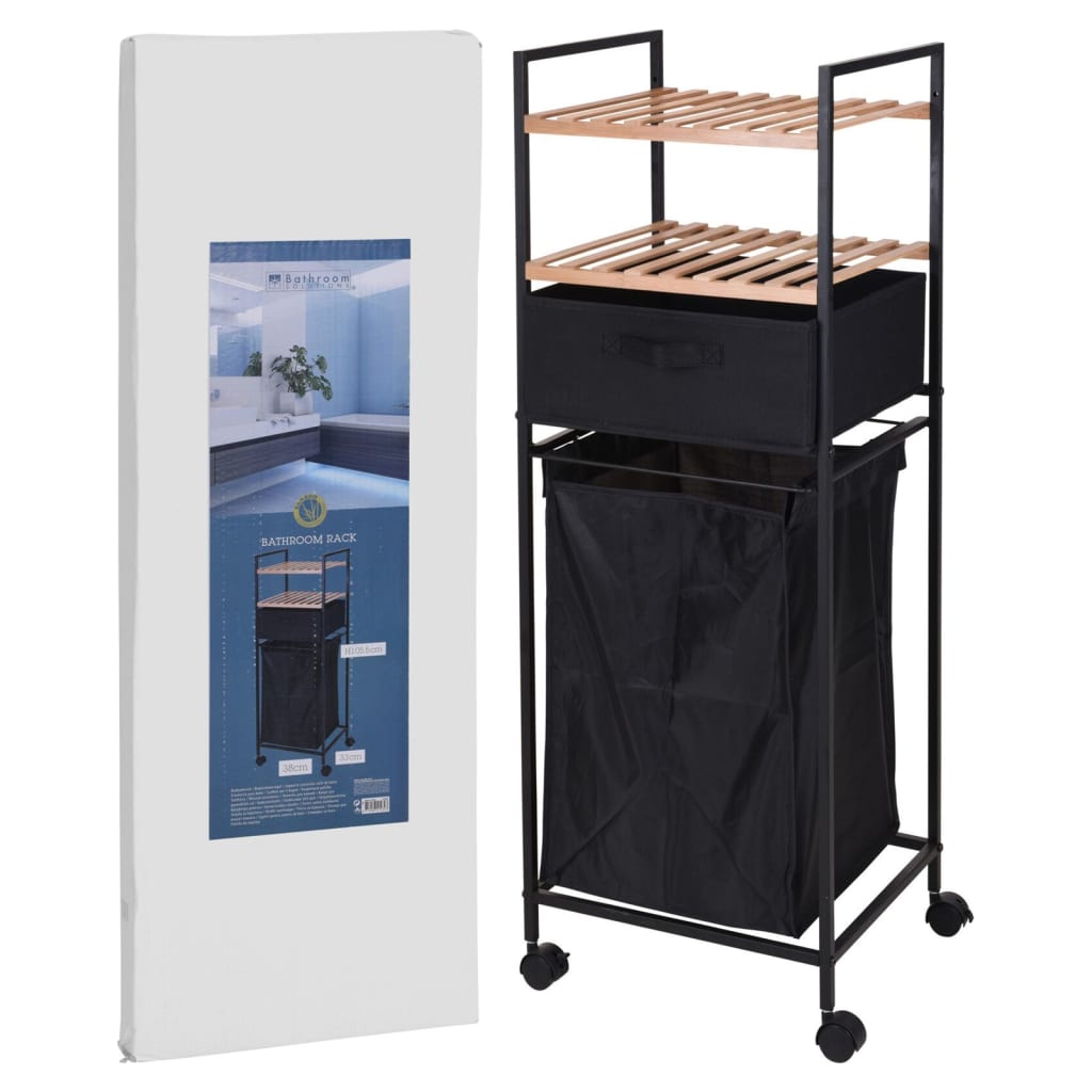 Bathroom Solutions Storage Rack With 2 Shelves And Laundry Basket Bamboo 109 Cm