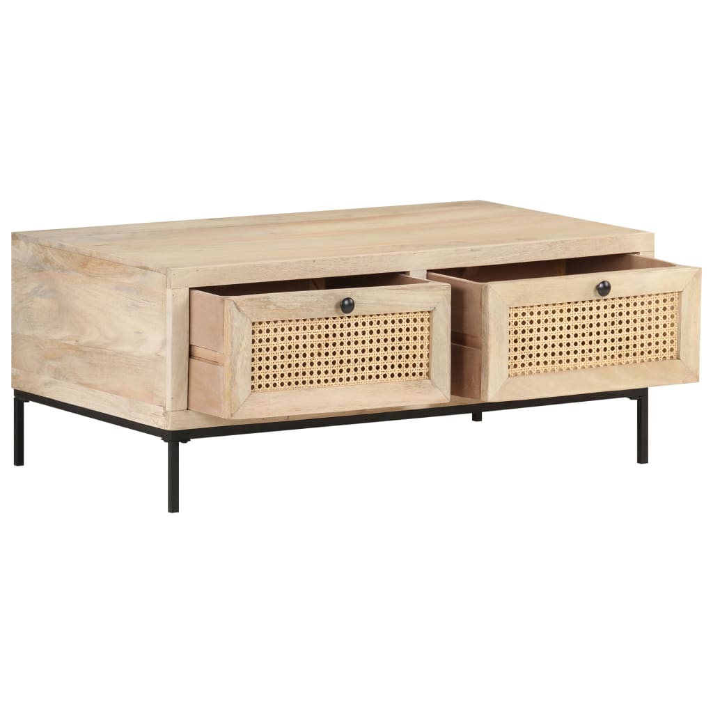 Coffee Table 90X50X37 Cm Solid Mango Wood And Natural Cane