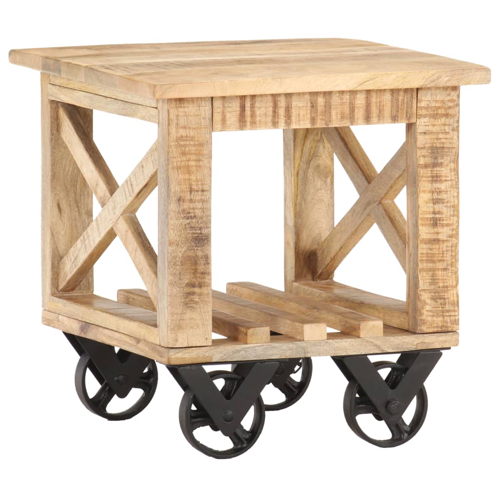 Side Table With Wheels 40X40X42 Cm Rough Mango Wood