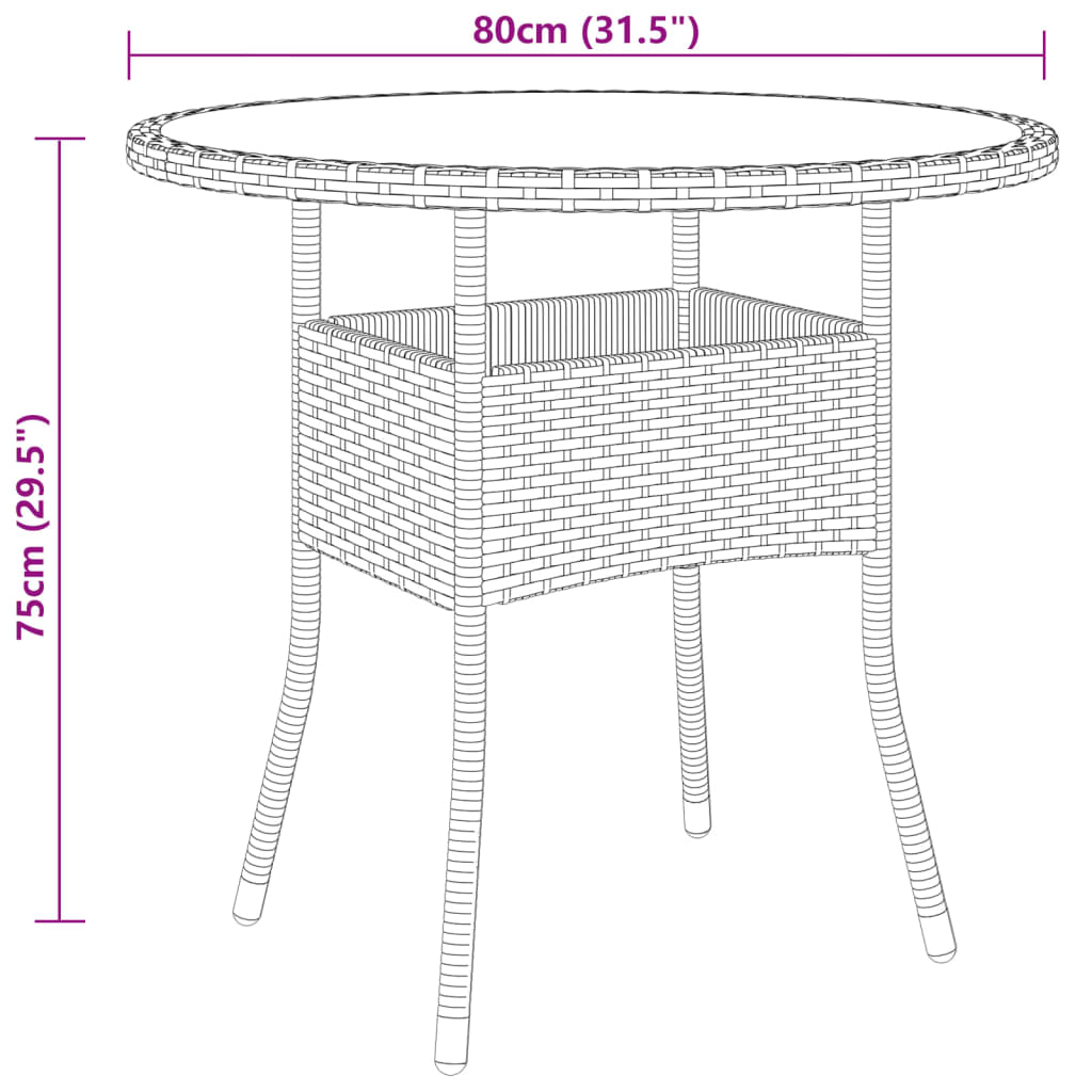 Garden Table Ø80X75 Cm Tempered Glass And Poly Rattan