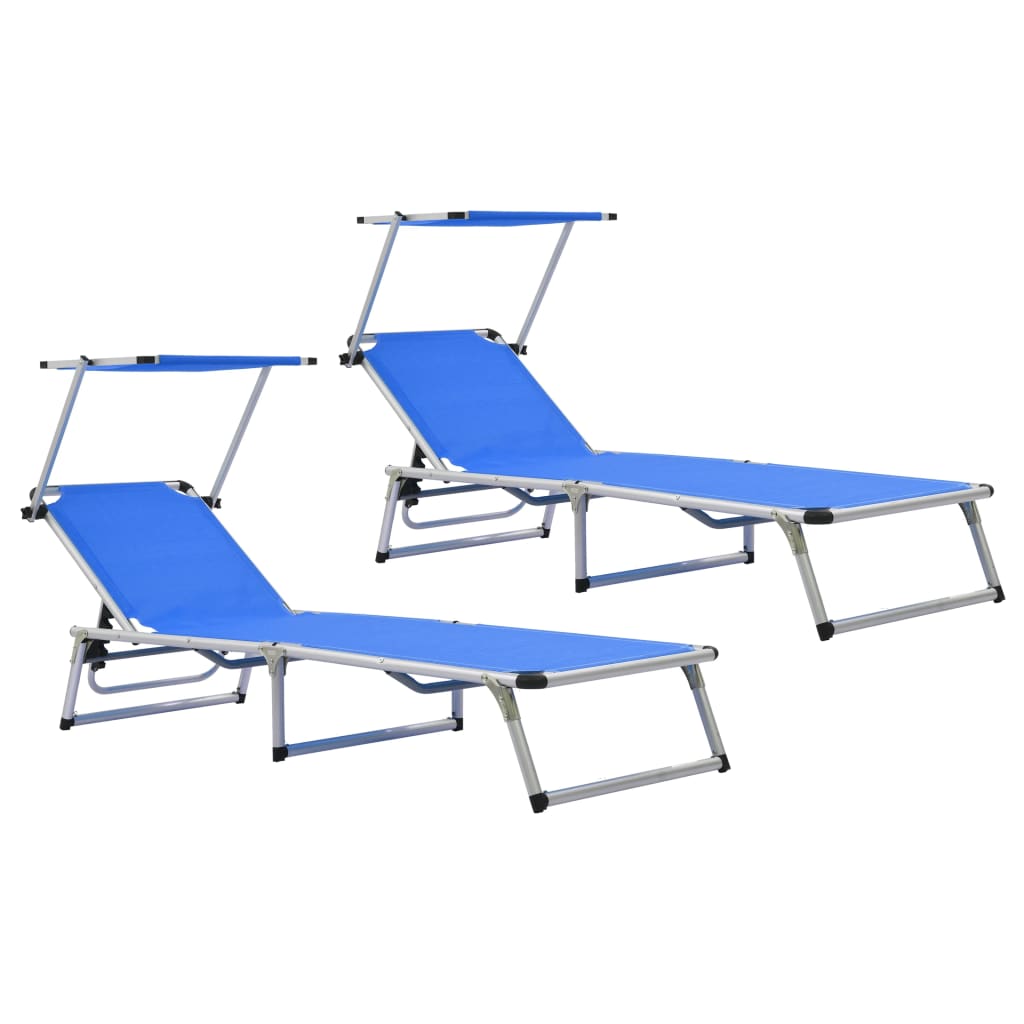 Folding Sun Loungers With Roof 2 Pcs Aluminium&Textilene Blue