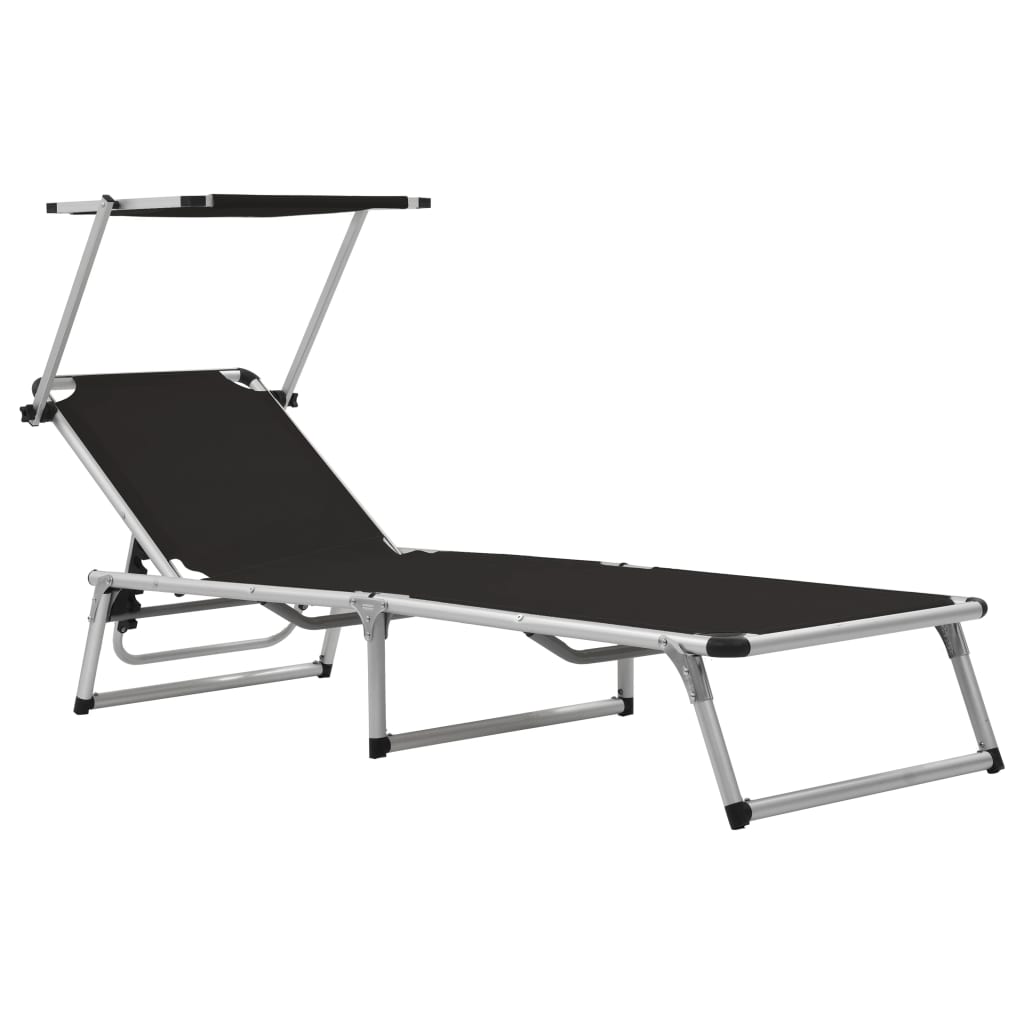 Folding Sun Loungers With Roof 2 Pcs Aluminium&Textilene Black