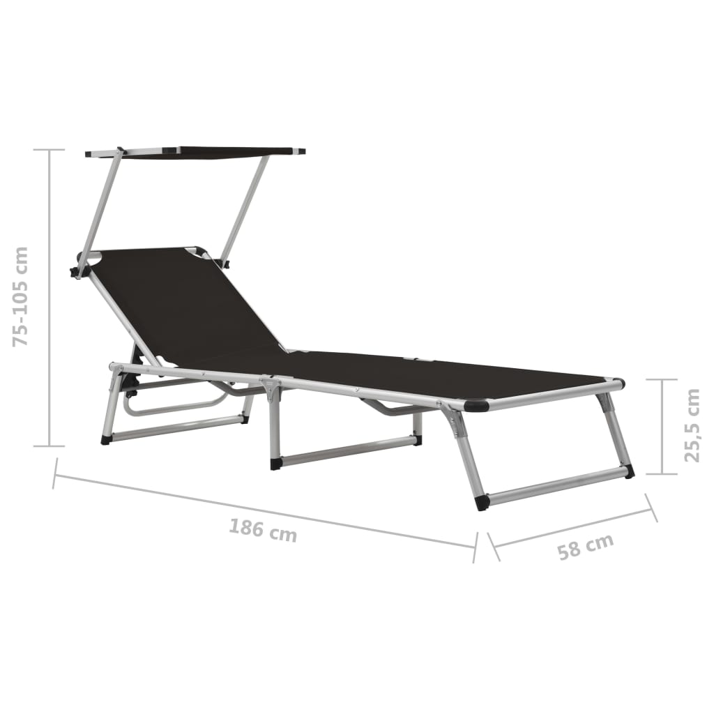 Folding Sun Loungers With Roof 2 Pcs Aluminium&Textilene Black