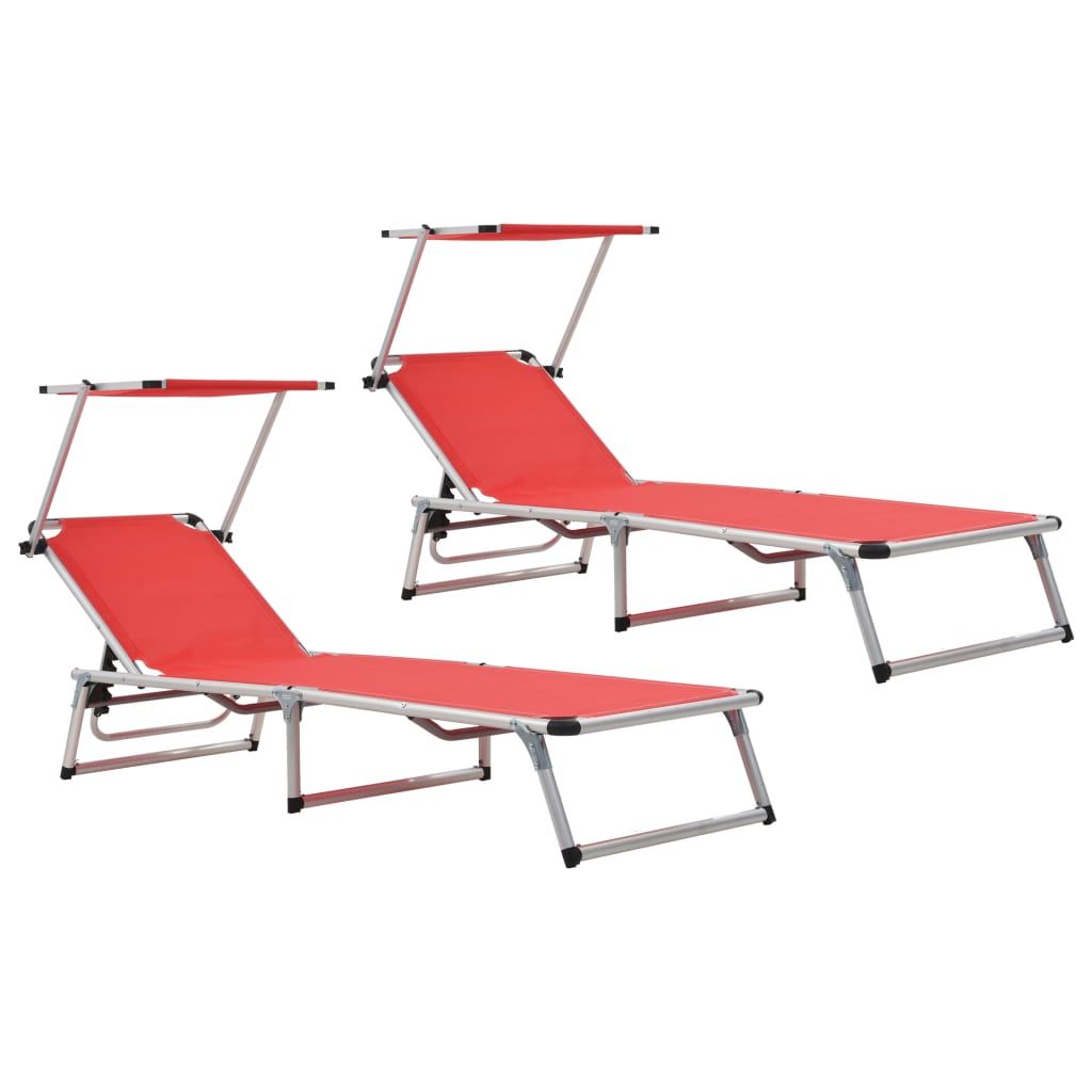 Folding Sun Loungers With Roof 2 Pcs Aluminium&Textilene Red