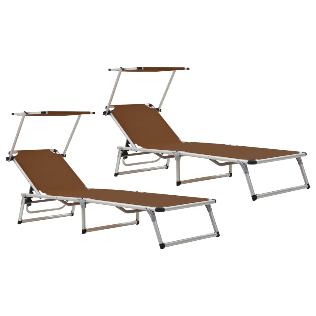 Folding Sun Loungers With Roof 2 Pcs Aluminium&Textilene Brown